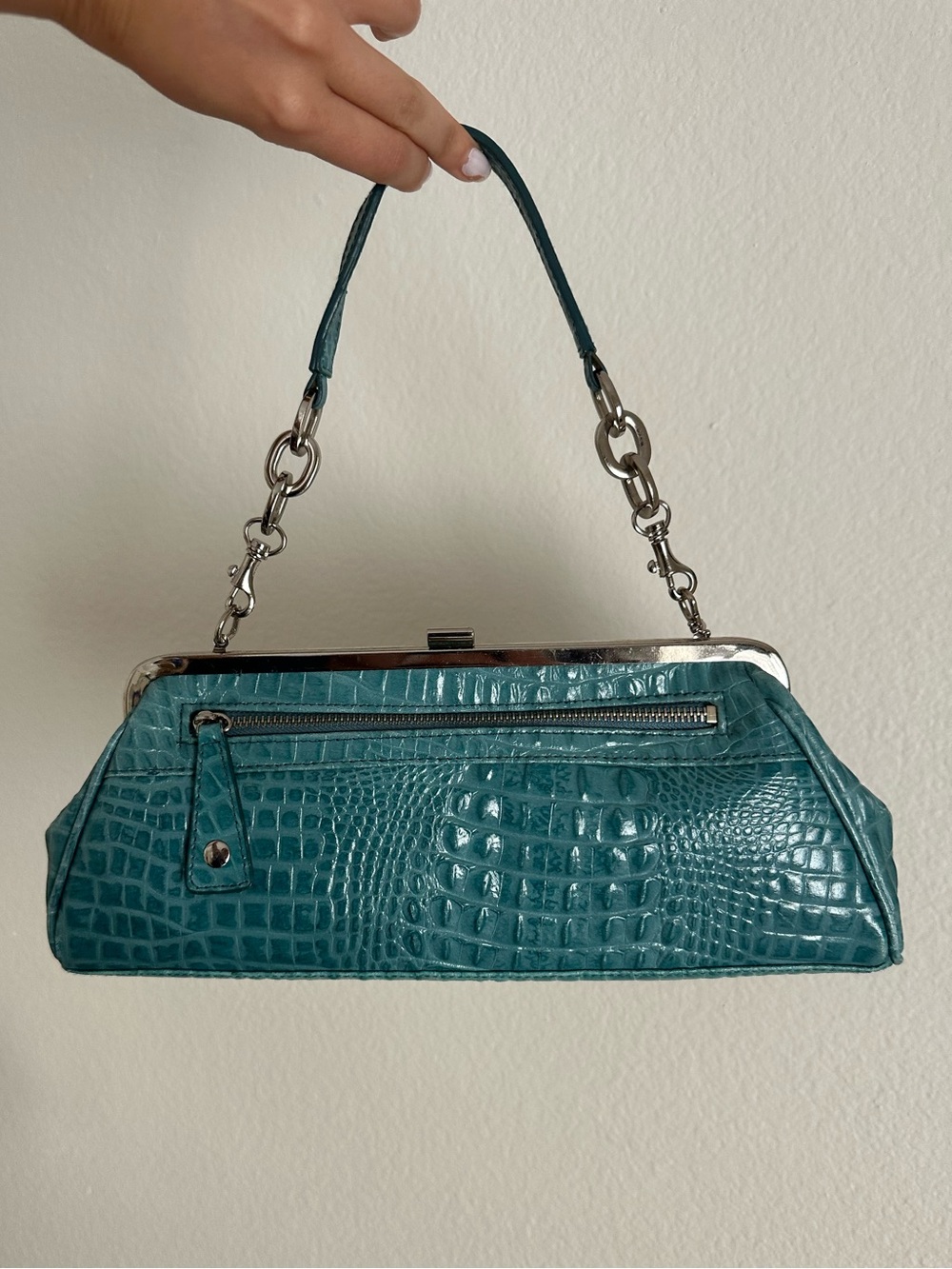 Teal Crocodile Top-Handle Silver Accent Shoulder Bag - Genuine Leather - Picture 4 of 8